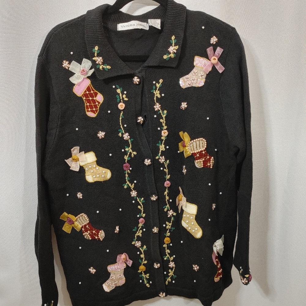 Victoria Jones Christmas Cardigan Sweater Pearls Beads Bows Stocking Size L